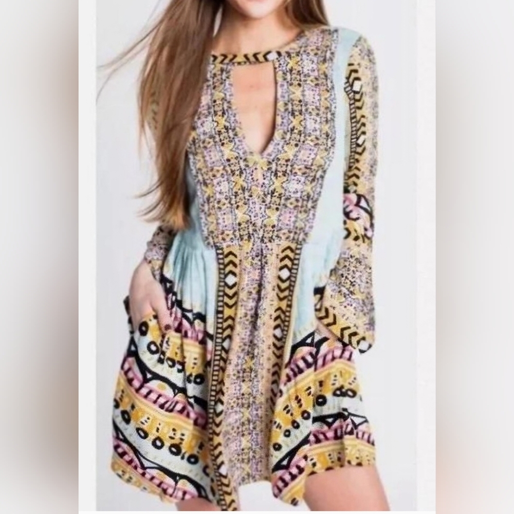 Free People Women's Blue Tegan Border printed mini dress